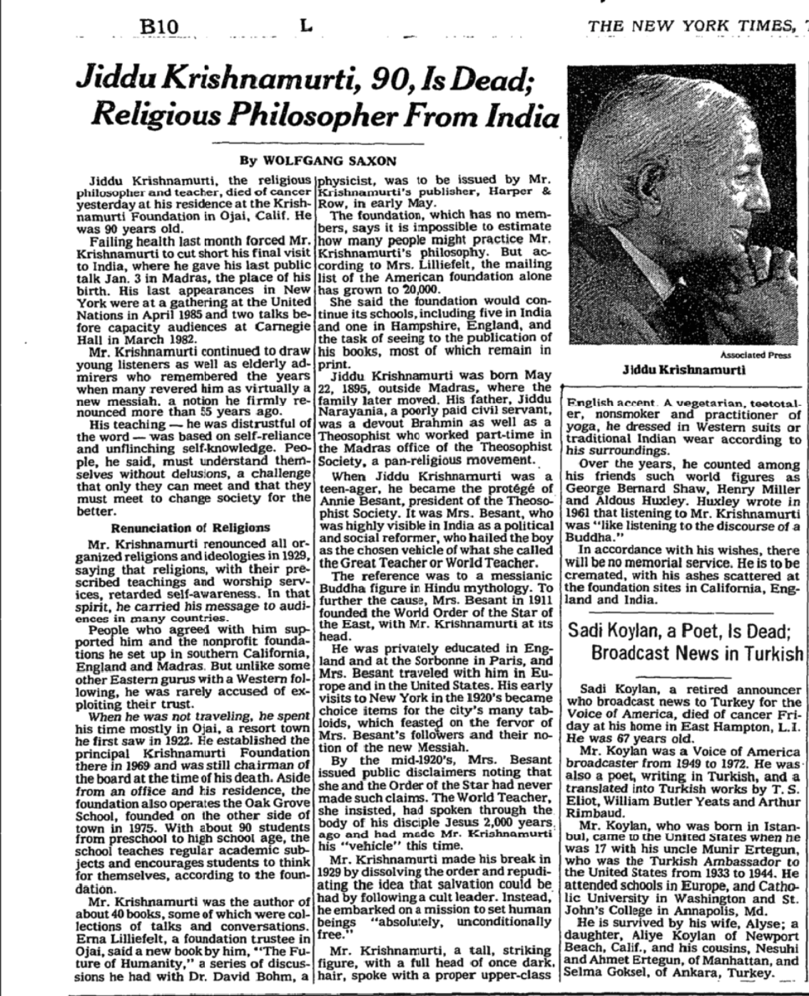 1986 - Krishnamurti Passes Away Death Announcement New York Times 